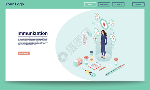 带有等距插图的免疫网页矢量模板 患者接种疫苗 疫苗接种服务 蓝色衣服的少妇 网站界面设计 网页移动应用程序 3d 概念图片