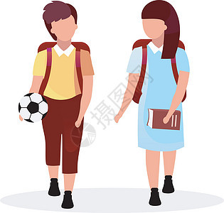 同学平面矢量图 男学生和女学生背包卡通人物被白色隔离 青春期前的小学生去上学 拿着书的女孩和拿着球的男孩图片