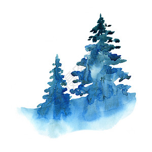 孤立在白色背景上的水彩冬季雪林  Treescape 与松树和冷杉 印刷纹理墙纸贺卡的插图景观 蓝色和绿色美丽的水彩画树景艺术品图片