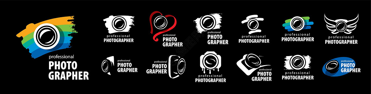 黑色背景上摄影师的一组矢量标志工作室电影翅膀相机艺术闪光照片商业框架快门图片