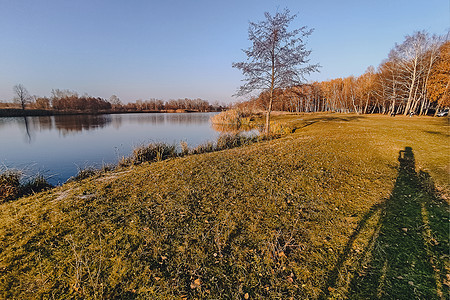 生动的秋天的一天 在河的秋天风景有明亮的草的在岸上 明亮的夜晚风景秀丽 天空和水色彩缤纷池塘地平线太阳叶子反射森林射线日出蓝色阳图片