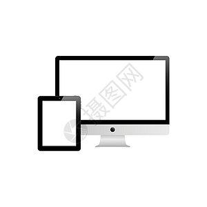 白色背景上有白色屏幕的平板电脑和台式电脑高清图片