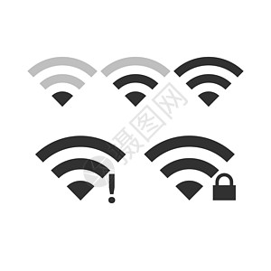 数据传输概念的 Wifi 图标集包括带有指示图标锁和感叹号的低无线信号 黑白矢量图图片