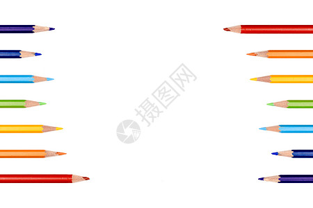 五颜六色的彩虹铅笔颜色框架边界背景 白色背景上的彩色铅笔彩色边框绘画蓝色乐器办公室大学创造力教育团体蜡笔艺术图片