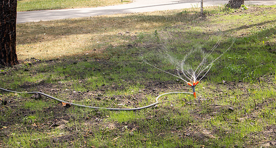 工作在一个绿色公园的草坪灌溉系统 在炎热的天气里用水喷洒草坪 自动洒水器 给草坪浇水的自动洒水喷头 智能花园草地草皮喷涂洒水器晴图片