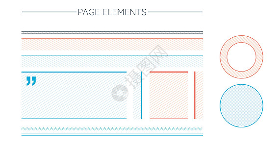页面设计元素集包括剥离块文本强调圆圈信息图表圆分隔线引用块线和之字形分隔符 在白色背景上孤立的股票矢量图图片
