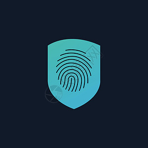 指纹安全盾标志设计元素 安全保护概念 在蓝色背景上孤立的股票矢量图图片