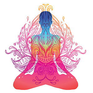 脉轮概念 内心的爱与和平 在莲花位置的佛剪影在五颜六色的华丽坛场 孤立的矢量图解 佛教深奥的图案咒语药品头脑平衡瑜伽精神女孩活力图片