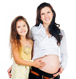 女童及其怀孕母亲和孕妇孩子婴儿白色童年女士家庭女儿肚子幸福微笑图片