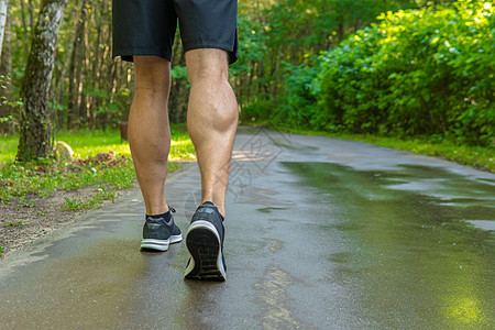 穿着运动鞋的腿特写运动员在户外公园跑步 在森林周围 橡树绿草年轻持久的运动员活跃的运动森林 锻炼训练腿公园能量伸展图片