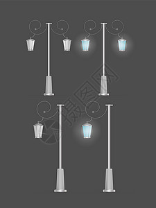 一套闪耀的金属灯笼 具有逼真光线的灯柱 向量插图辉光街道邮政古董城市建筑学电气白色路灯图片