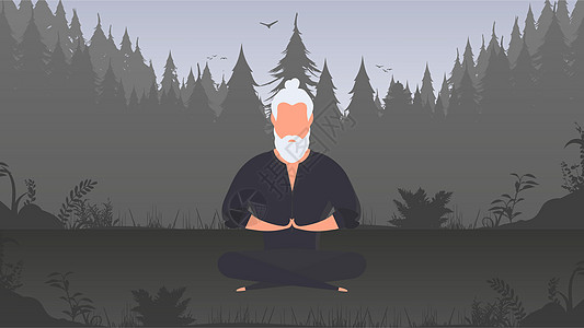 一个穿着黑色和服的男人在公园里冥想 功夫大师 这家伙在大自然中做瑜伽 向量图片