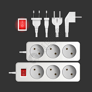一组带三个插座的白色延长线 插头换插座 写实风格矢量器具网络电压卷轴绳索出口力量电缆圆圈别针图片