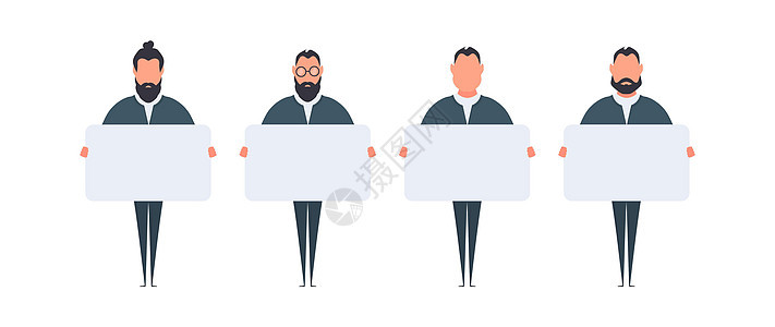 一位商务人士站着 手里拿着一张空白的海报 上面有文字的位置 拿着在白色背景隔绝的空白的横幅的人 那家伙展示海报 向量广告牌木板招图片