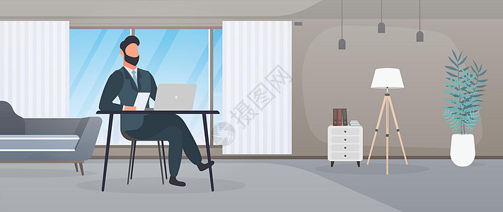 一个戴眼镜的人坐在他办公室的桌子旁 一个男人在笔记本电脑上工作 落地灯 办公室工作理念 向量互联网工人女性商业卡通片技术房间女士图片