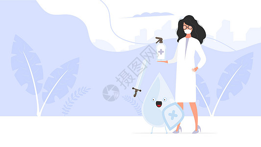 女医生手里拿着消毒剂 穿白大褂的女医务人员 一滴剑和盾被病毒分子包围 扁平式消毒剂细菌饮料液体斑点雨滴危险环境蓝色药品医院图片