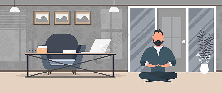 商务人士在办公室沉思 做瑜伽的男人放松冥想瑜伽和从工作概念中休息 向量桌子房间椅子企业家商业蓝色图书笔记本互联网展示图片
