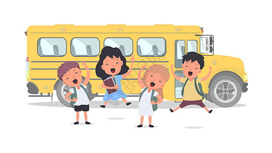 快乐的孩子们和一辆校车 孩子们去上学 学校的黄色巴士 孤立 维特科尔运输车辆旅行童年女孩们卡通片孩子男性学习教育图片