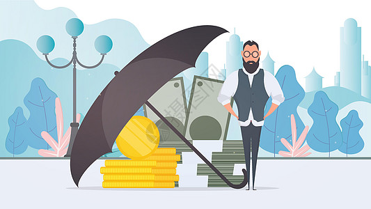 在伞下的商务人士 商业保护概念 企业免受风险 向量金融卡通片职业危机帮助利润风暴工作天气硬币图片