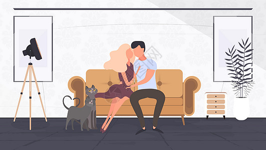 坐在房间沙发上的恩爱夫妻 恋人互相拥抱 适用于设计以爱情和情人节为主题的卡片横幅和海报 向量图片
