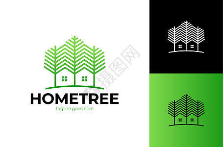 绿木居民矢量标志模板 两棵树的设计模板与一个简单的房子结合在一起 它非常适合象征财产或木制房屋业务植物村庄推广城市住宅投资插图商图片
