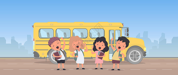 快乐的孩子们和一辆校车 孩子们去上学 学校的黄色巴士 维特科尔公共汽车学习车辆运输情感旅行微笑司机女孩团体图片