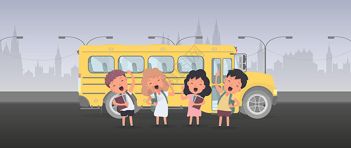 快乐的孩子们和一辆校车 孩子们去上学 学校的黄色巴士 维特科尔司机幸福团体学生公共汽车学习教育旅行乐趣男性图片