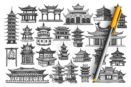 中国建筑手绘涂鸦 se设计团体国家草图铅笔墨水插图旅行粉笔传统图片