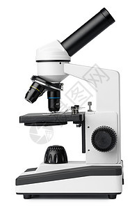 在白色背景 前视面上分离的科学显微镜教育生物学工具研究镜片实验室化学学习技术临床图片