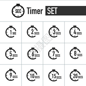 计时器和秒倒数计时器图标集 时间间隔图标 秒表和时间测量 在白色背景上孤立的股票矢量图图片