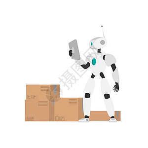 带有平板电脑的机器人检查货物 有纸板箱的机器人 交付和未来行业的概念 孤立 向量货运运输技术包装车厢邮件纸板商业店铺电子人图片