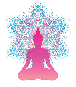 脉轮概念 内心的爱与和平 在莲花位置的佛剪影在五颜六色的华丽坛场 孤立的矢量图解 佛教深奥的图案药品生活治疗愈合精神咒语光环平衡图片