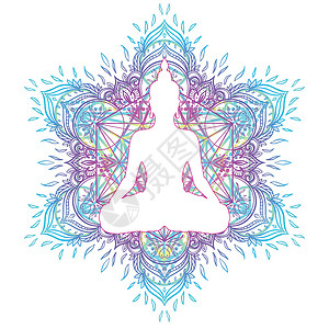 脉轮概念 内心的爱与和平 在莲花位置的佛剪影在五颜六色的华丽坛场 孤立的矢量图解 佛教深奥的图案活力光环女士咒语瑜伽精神生活平衡图片