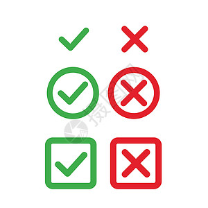 勾选和交叉图标 绿色复选标记 OK 和红色 X 图标圆形和方形符号是和否按钮用于投票决定网络 正确和错误的符号 在白色背景上孤立图片