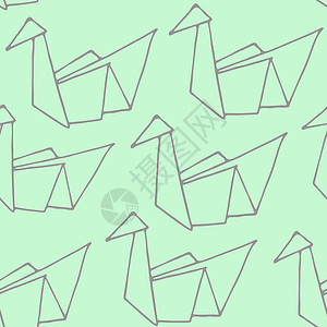 无缝模式与手绘折纸鸟艺术蓝色起重机鸽子折叠鸭子墨水收藏三角形标识图片