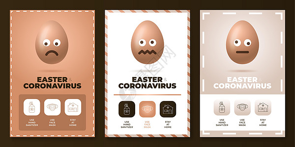 复活节冠状病毒都在一个图标海报集矢量图中 冠状病毒保护传单 带有逼真的复活节彩蛋和表情符号 待在家里 戴口罩 使用洗手液图片