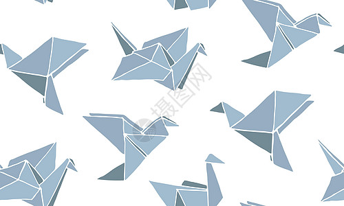 无缝模式与手绘折纸鸟鸽子艺术装饰品折叠蓝色收藏插图绘画动物涂鸦图片