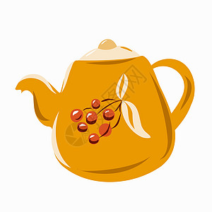 一个亮橙色的茶壶 上面放着一枝红色浆果图片
