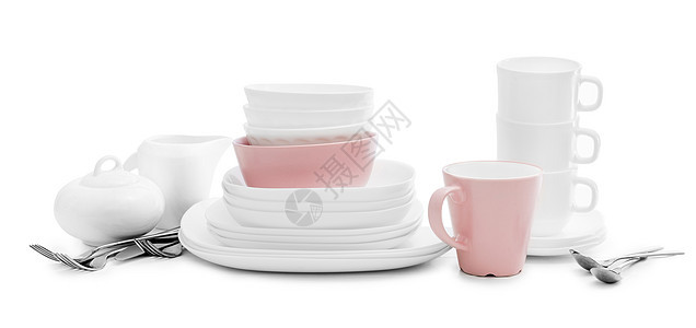 白色和粉色板块 糖碗和轻背景的杯子环境陶瓷菜肴玻璃刀具餐厅餐具厨具桌子陶器图片