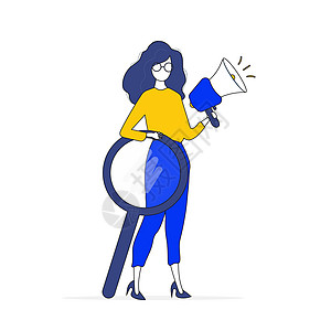 有喊叫声和放大镜的女孩 找人工作的概念 孤立 向量蓝色公告漫画女性商业艺术旅行扩音器时尚玻璃图片