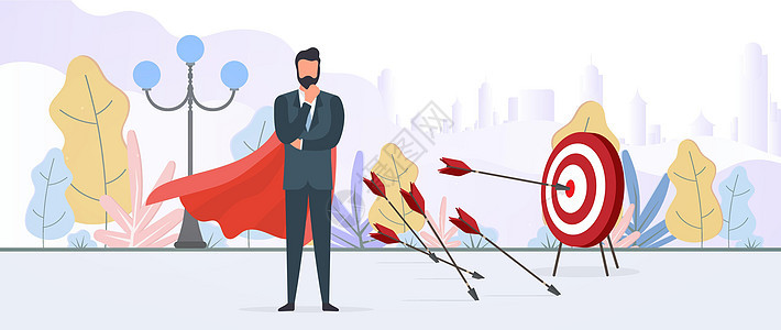 商务人士击中目标 用箭击中目标的中心 披着红色斗篷的商务人士 商业动机和成就的概念 向量人士战略男性领导经理成功定位男人卡通片生图片