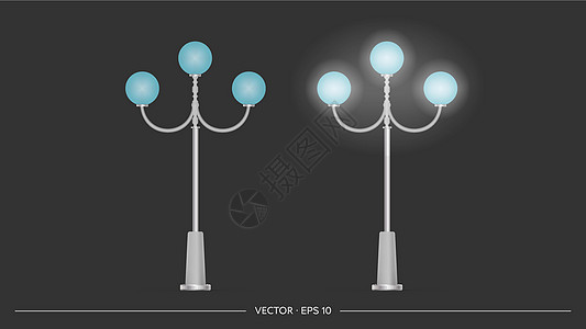 一套闪耀的金属灯笼 具有逼真光线的灯柱 向量电气插图技术照明古董路灯电线辉光街道城市图片