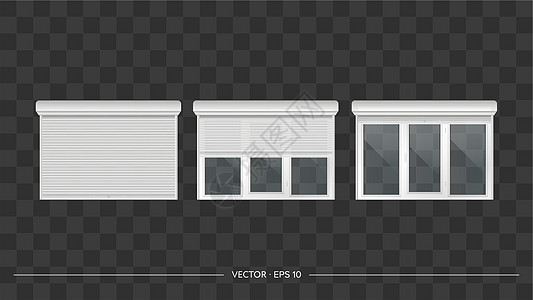 矢量逼真的一组特写和打开的门或窗滚轮 玻璃门或带卷帘的高窗 白色金属百叶窗图片