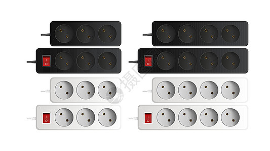 一套带两个插座的延长线 便携式电源插座 写实风格矢量力量金属电气插头塑料危险电压硬件黑色连接器图片