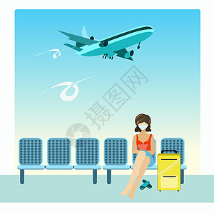 一个女孩在机场等飞机起飞图片