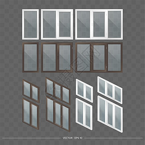 一大套带有 3D 透明眼镜的金属塑料窗户 写实风格的现代窗口 等距矢量图窗格现代窗窗扇白色住宅房子办公室框架矩形窗台图片