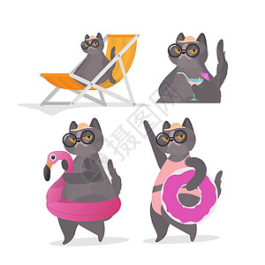 一套有趣的猫贴纸 带有一个适合游泳的粉红色圆圈 躺椅伞 戴着眼镜和帽子的猫 适用于贴纸卡和 T 恤 以夏天为主题的有趣横幅 向量图片