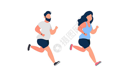 一组跑步的胖子 胖男人和女人在奔跑 减肥的概念和健康的生活方式 孤立 韦克托运动员成人女士运动烧伤女性训练锻炼女孩饮食图片