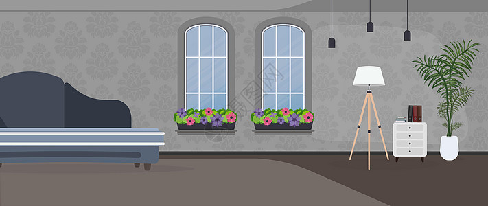 房间是深色的 深蓝色时尚沙发落地灯在白色花盆中的室内植物 有图案的灰色墙纸 向量极简窗户咖啡地面风格插图装饰奢华扶手椅房子背景图片