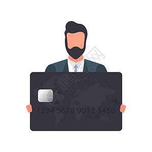 戴眼镜的家伙拿着一张黑色的银行卡 拿着塑料卡的年轻男性在白色背景下被隔离的 ATM 机 向量交换人士卡片经理借方眼镜取款机金融快图片